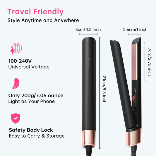 Travel Size 1 Inch Flat Iron for Short Hair, Ceramic Hair Straightener and Curler 2 in 1 with 30s Fast Heating, Portable Curling Iron with Anti-Scald Design, Adjustable Temps, Dual Voltage