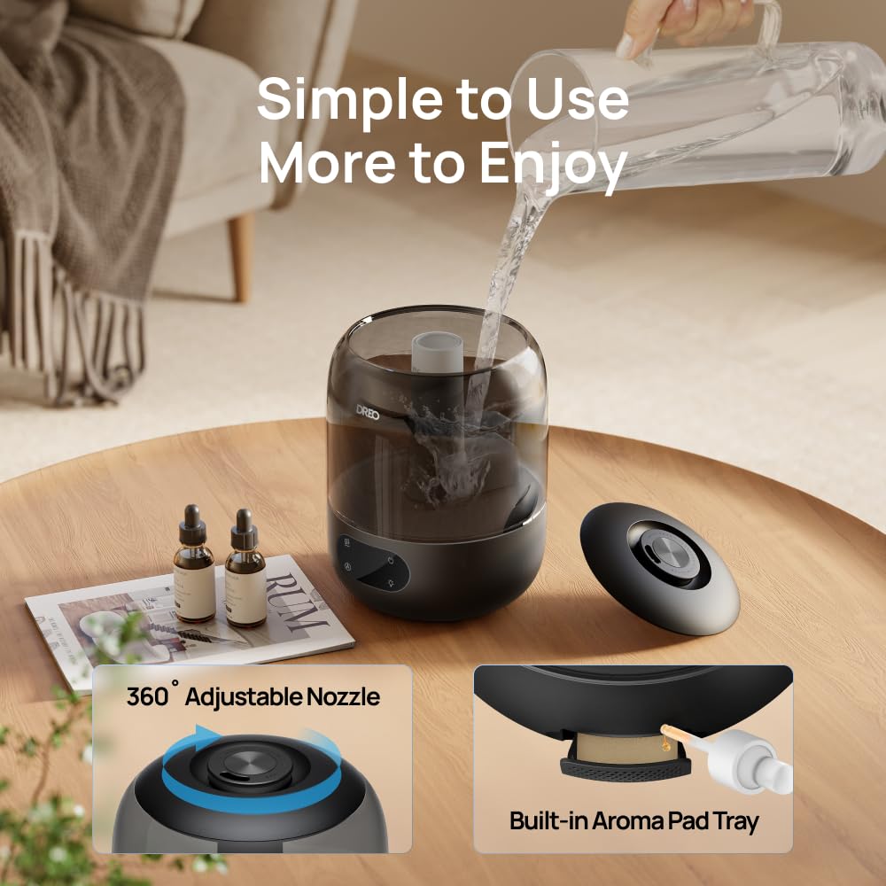 Dreo Humidifiers for Bedroom, 3L Top Fill 30H & 26dB Quiet Runtime for Large Room, Cool Mist Ultrasonic Humidifier with Humidity Sensor, Night Light for Home, Baby, Nursery, Plants, 360ยฐ Nozzle, Black