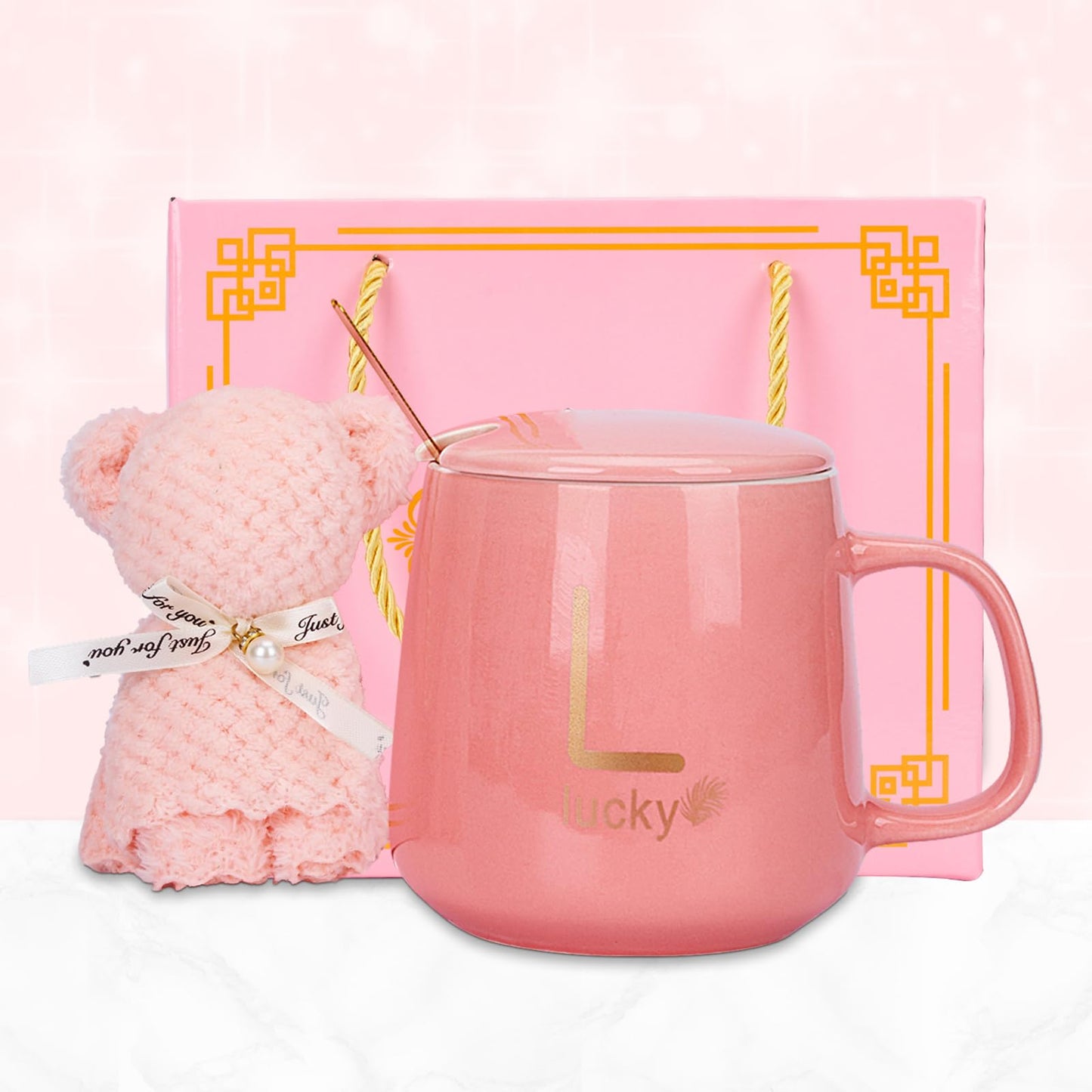 ISHINE Ceramic Coffee Mug and Bear Gift Set, 11oz Bride Newlywed Anniversary Honeymoon Wedding Christmas Birthday Gifts for Best Friend Sister (Pink)