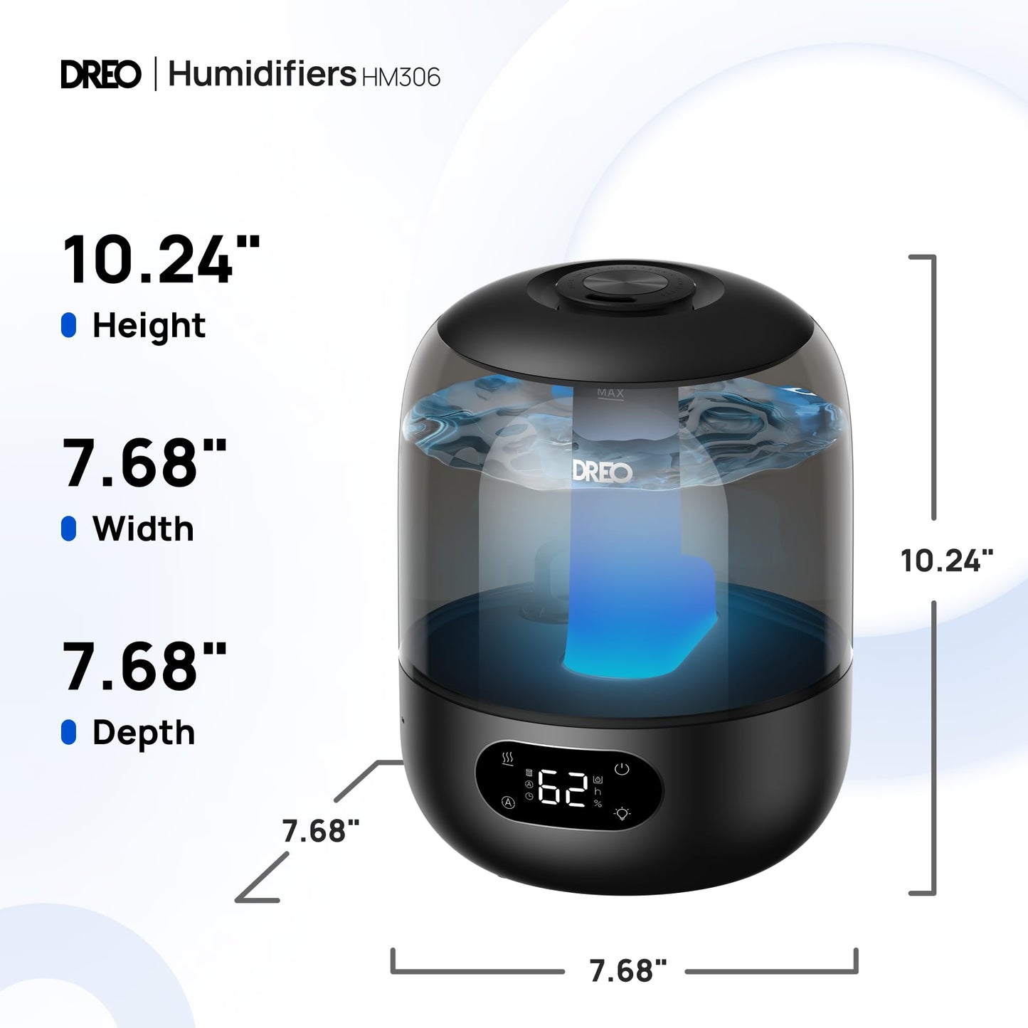Dreo Humidifiers for Bedroom, 3L Top Fill 30H & 26dB Quiet Runtime for Large Room, Cool Mist Ultrasonic Humidifier with Humidity Sensor, Night Light for Home, Baby, Nursery, Plants, 360ยฐ Nozzle, Black