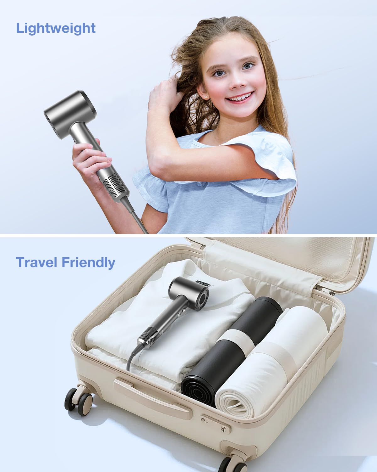 Hair Dryer, High-Speed Ionic Low Noise Blow Dryer with 160000 RPM Motor for Fast Drying, Thermo-Control Portable Hair Blow Dryer with Magnetic Nozzle for Home Travel Salon (Grey)