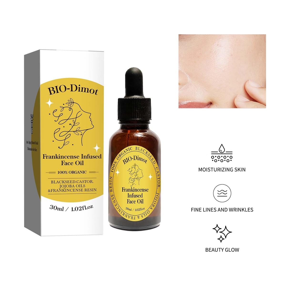 30 ML Frankincense Essential Oil,Organic Castor & Jojoba Oils for Face Anti-Aging Facial Moisturizer Serum,Natural Skincare Hydrates Skin Moisturizing (1 PCS)