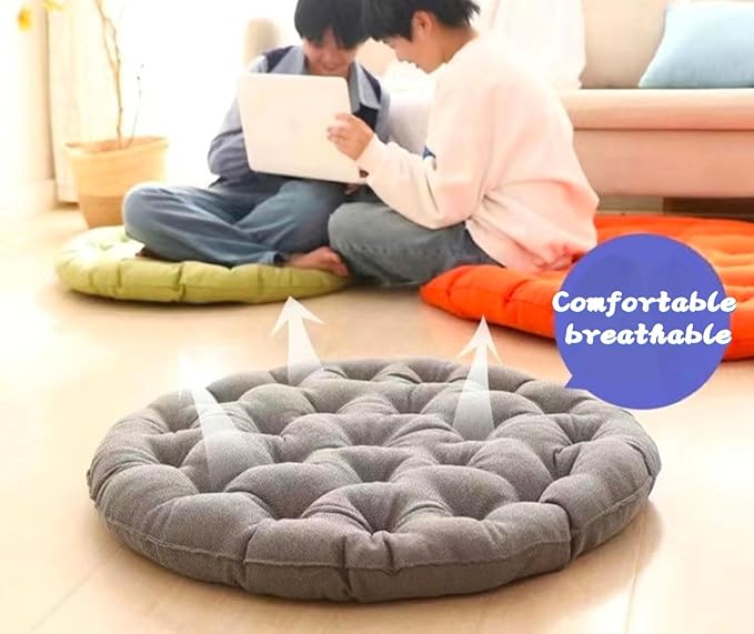 Large Linen Floor Cushions,Round Futon Pillows Japanese Style Tufted Floor Pillows Meditation Cushions for Seating On Pad for Yoga Sofa Balcony(Size:65x65cm(26x26inch),Color:Light Gray)