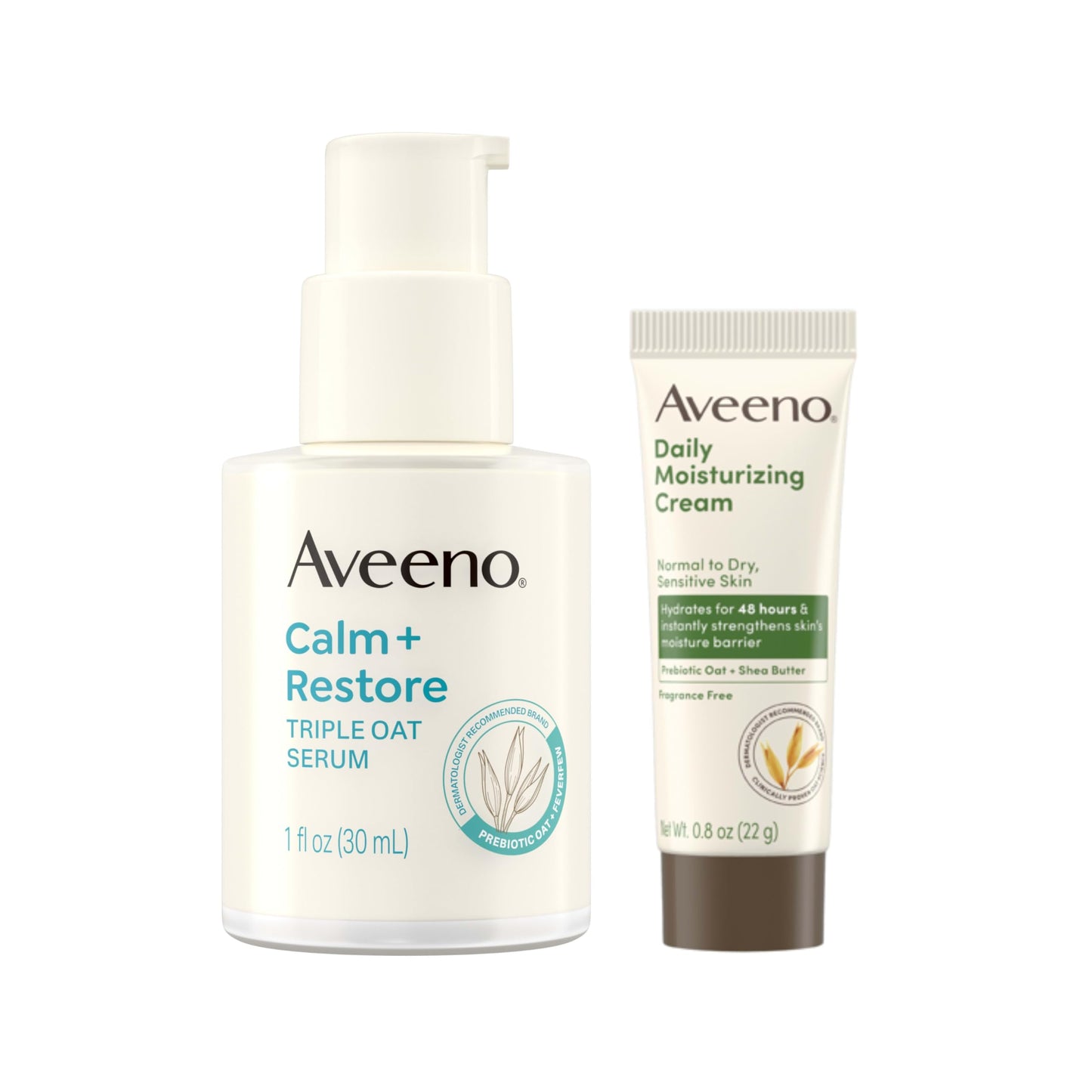Aveeno Skin-Care Bundle for Sensitive Skin, Calm + Restore Triple Oat Hydrating Facial Serum, 1 fl. oz, & Travel Size Daily Moisturizing Cream + Prebiotic Oat, 0.5 oz, Fragrance Free, Two Items