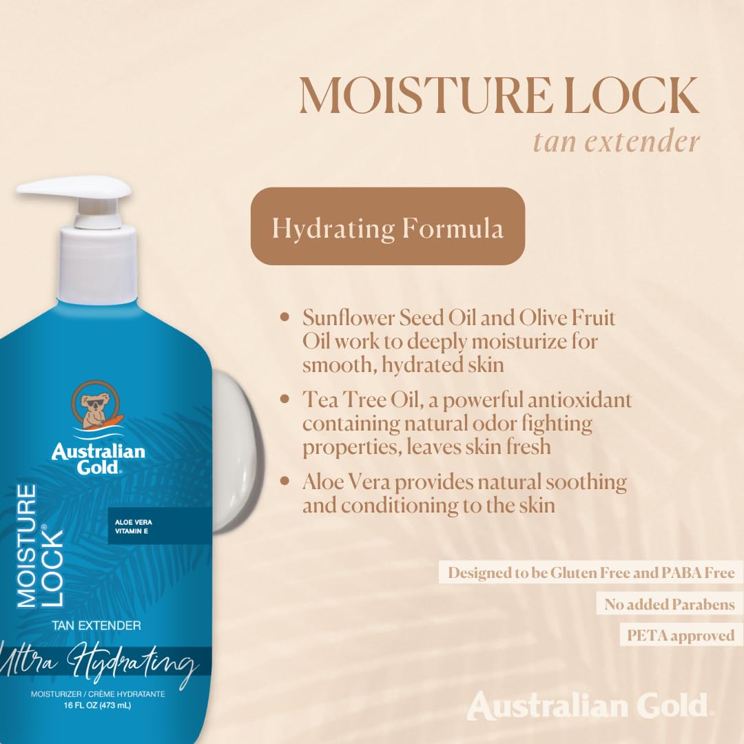 Australian Gold Moisture Lock Tan Extender (16 Fluid Ounce) and Aloe Vera Freeze Gel with Lidocaine (8 Fluid Ounce), Hydrating Body Lotion and Aloe Vera Gel for Skin (Pack of 2)
