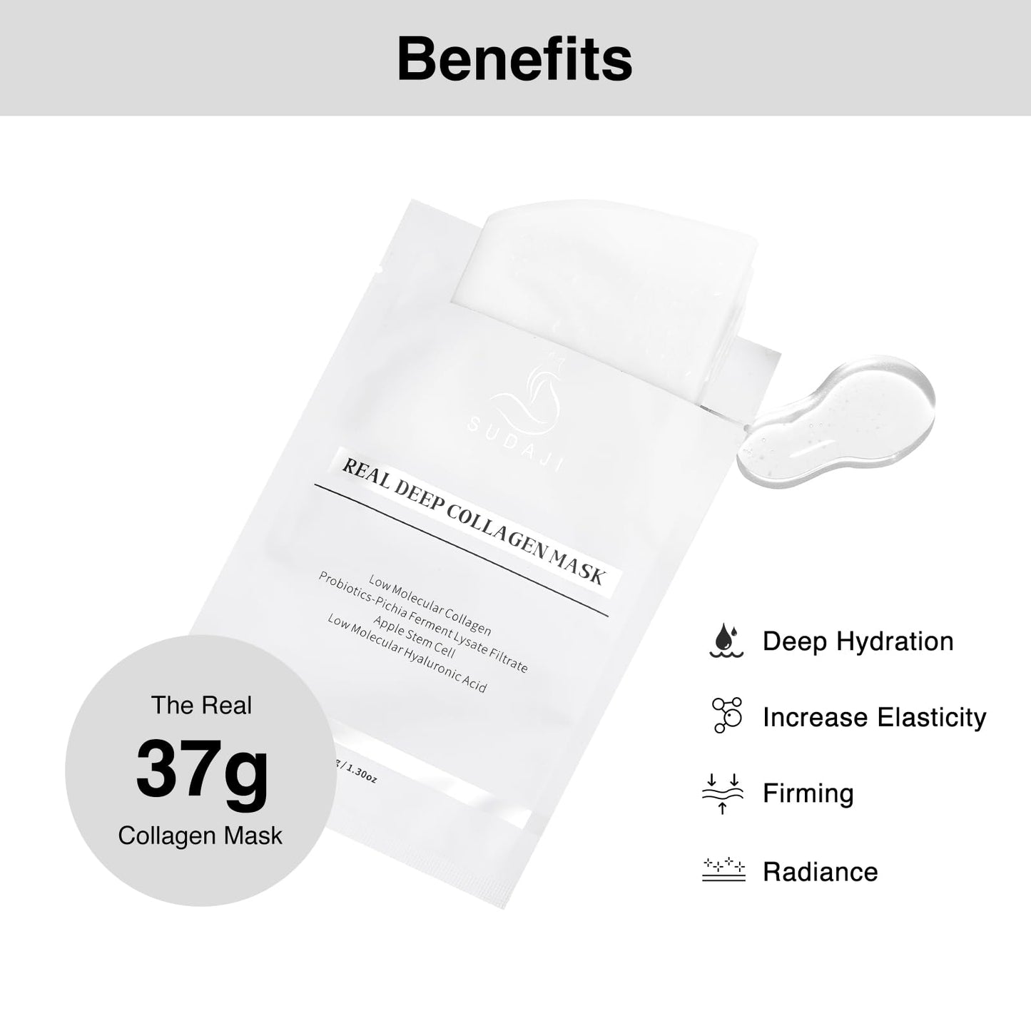SUDAJI Apple Stem Cells Probiotics Collagen Face Mask (37gx5ea), Hydrating Overnight Hydrogel Mask for All Skin Types – Elasticity Enhancing, Firming, Moisturizing