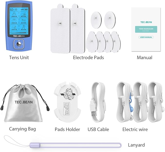 24 Modes Tens Unit Muscle Stimulator, Rechargeable Tens Machine with 8 Electrode Pads (American Gel), Electric Pulse Massager for Pain Relief Therapy(Blue)