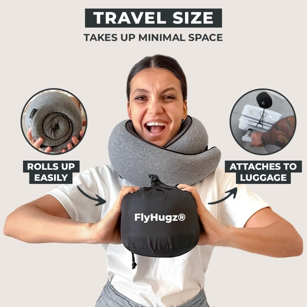 FlyHugz® Neck Travel Pillow | Memory Foam Neck Pillow for Comfort on Airplane | Compact and Ergonomic Design for Travel, Car Rides, and Home Use | Ideal for Adults and Kids