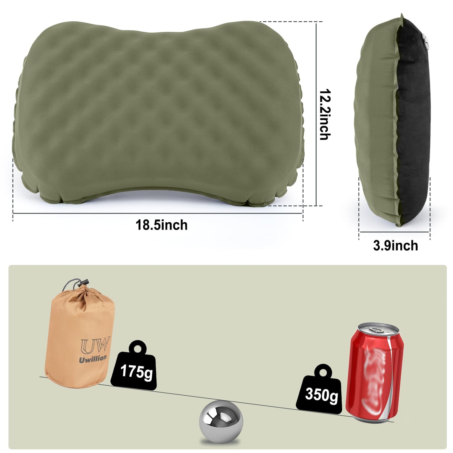 UWILLION Camping Pillow with Ice Silk Memory Foam Cover - Ultralight Inflatable Pillow for Camping Lightweight, Ergonomic and Washable for Camping, Hiking, and Travel Green