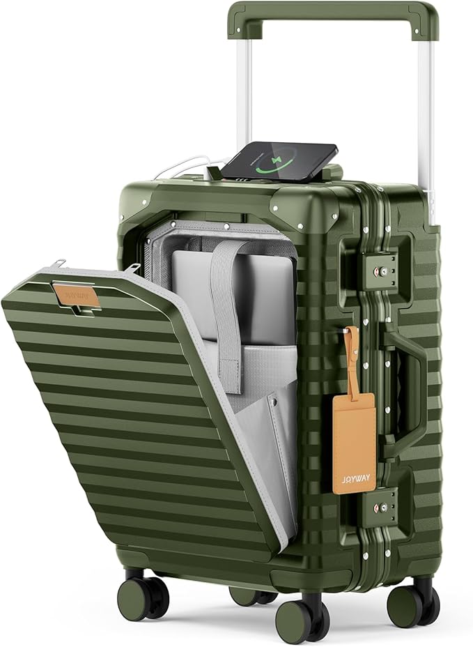 Joyway 20 Inch Carry on Luggage with Aluminium Frame and Front Pocket, PC Hardshell Suitcase with USB Port and Cup Holder, 21.5x14.2x9 Airline Approved Luggage with Spinner Wheel, TSA Lock(Dark Green)