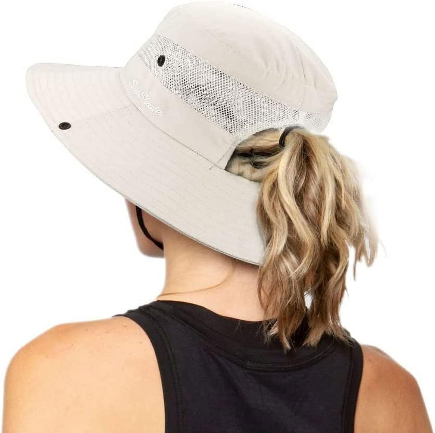 Women's Outdoor UV-Protection-Foldable Sun-Hats Mesh Wide-Brim Beach Fishing Hat with Ponytail-Hole Beige