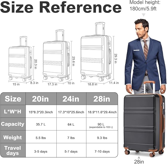 Kono 28 Inch Luggage Expandable Suitcase Lightweight with Spinner Wheels TSA Lock Hardside Large Checked Luggage Durable Rolling Suitcase Apricot Black