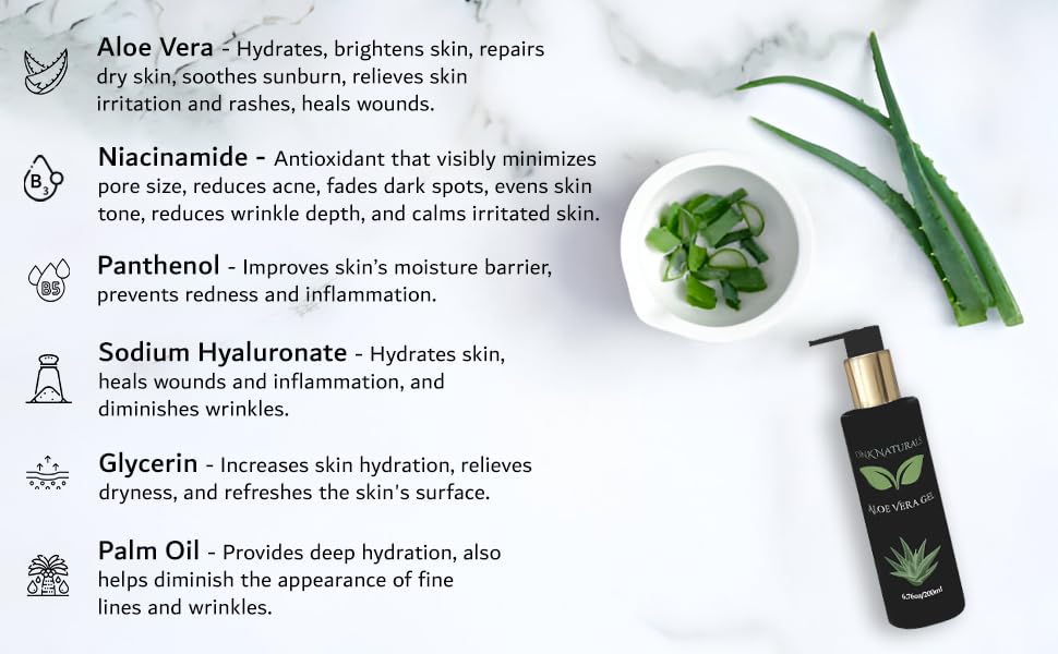 DNK Naturals Aloe Vera Gel made from fresh 100% Pure Aloe - Sunburn Relief - Calms Irritated Skin - Hydrates - With Niacinamide - For Face, Body, and Hair - Vegan, No Fragrance - 200ml