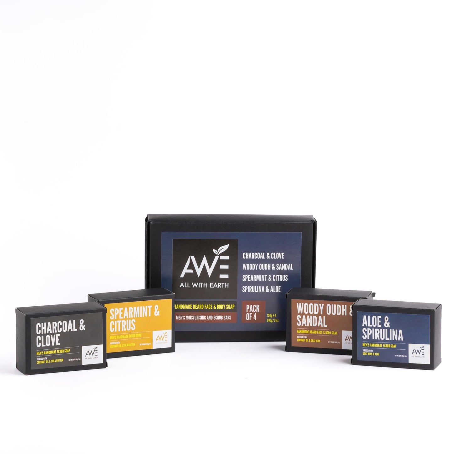 All With Earth Men’s Moisturizing Scrub Soap Set of 4 Handmade Natural Bars Rugged Masculine Scents Deep Cleanse Hydrate Nourish Face Beard Body (Option 1)