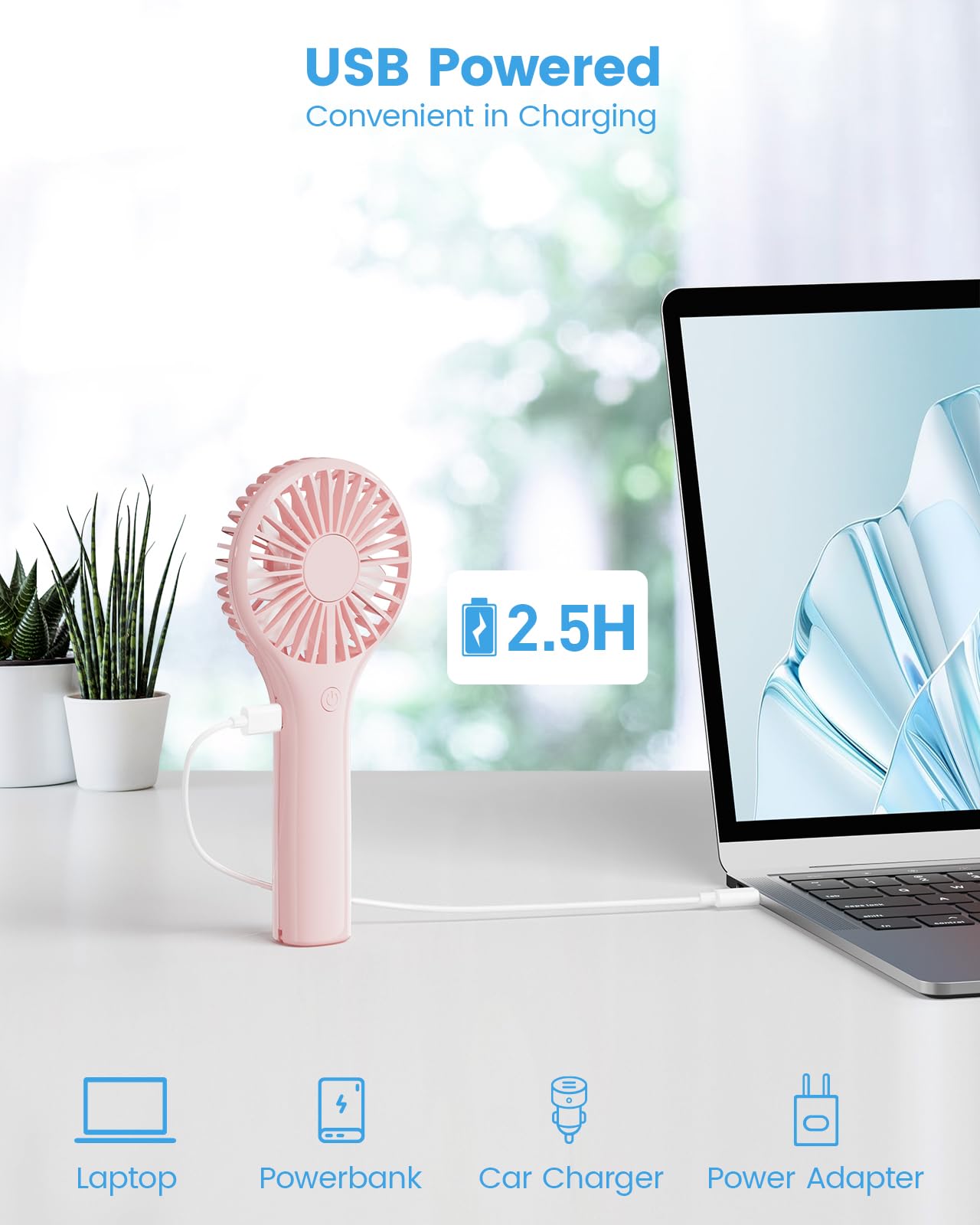 Edvision Portable Mini Fan - Powerful Personal Handheld Fan with 3 Speeds, Cute and Small, USB Rechargeable for Travel/Lash/Makeup/Outdoor/Home, Pink
