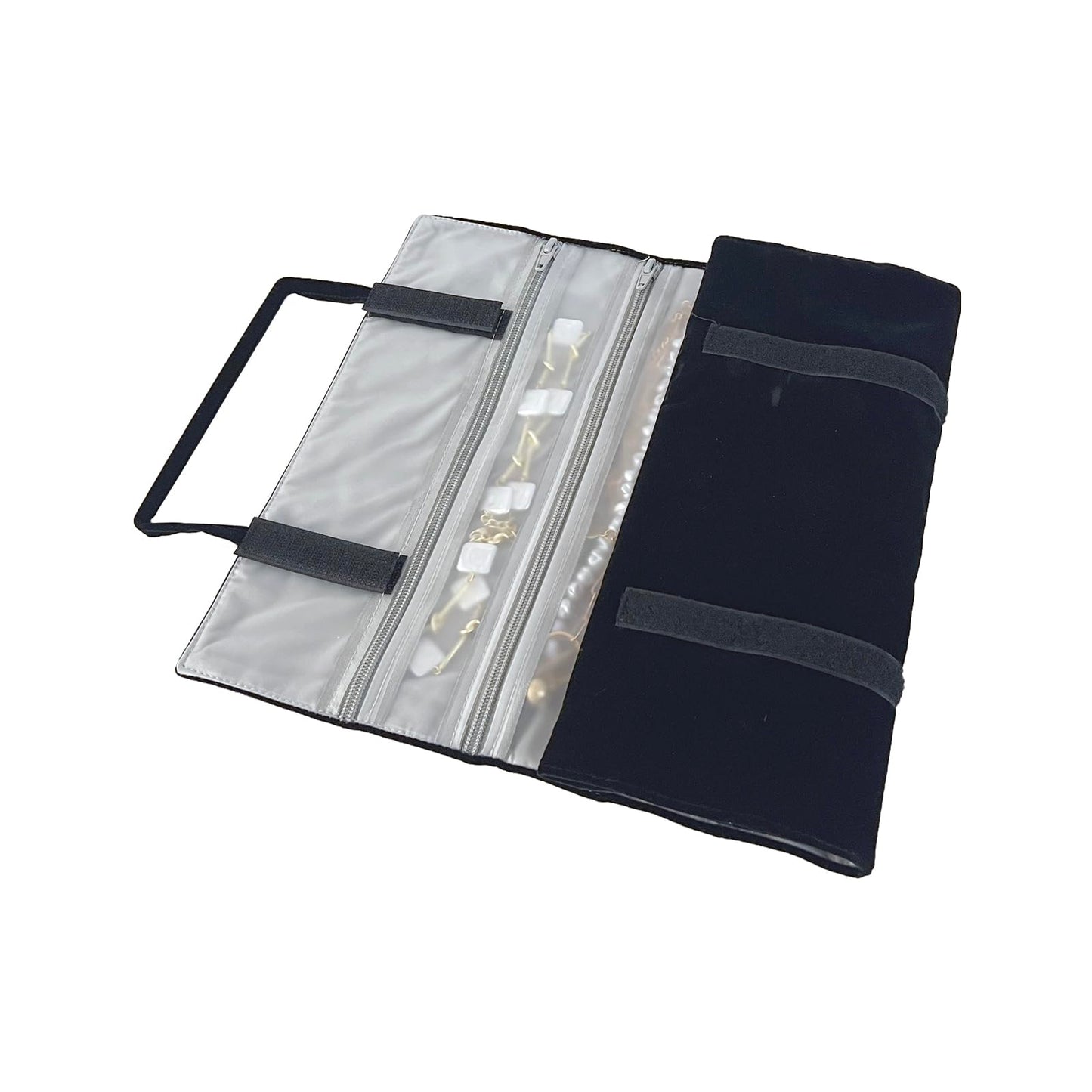 UnionPlus Velvet Travel Jewelry Case Roll Bag Organizer for Necklace, 9 Zipped Grids, Black and Grey