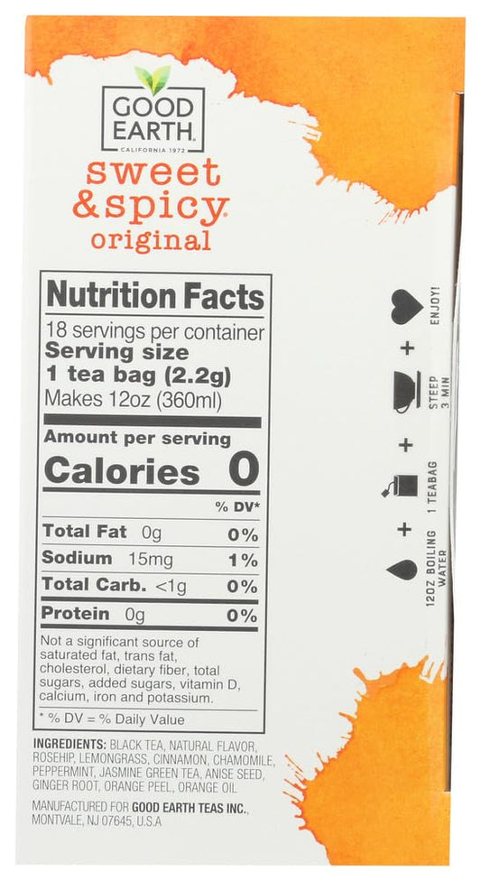 Good Earth Sweet & Spicy Herbal & Black Tea, 18 Count Tea Bags (Pack of 6)