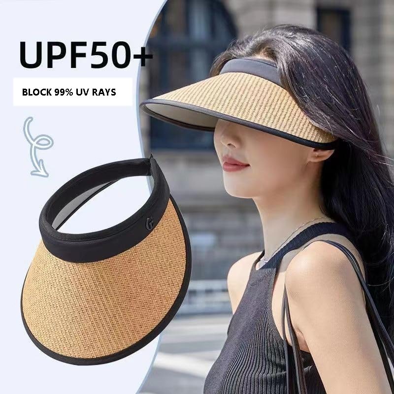 UPF 50+ Sun Visors for Women Wide Brim Beach Hat Foldable Straw Visor Hat Summer Packable (Khaki-Black)
