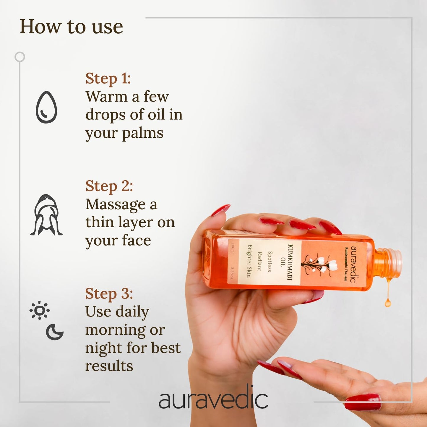 Auravedic Kumkumadi Oil Pure Saffron for Ultra Radiant Skin | Ayurvedic Oil for Dull, Dehydrated & Tired Skin | Lightweight Hydrating Formula for Smooth Texture | 3.38 Fl Oz (100ml)