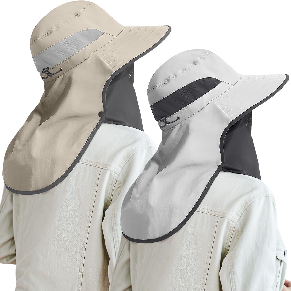 2 Pack Womens Outdoor Wide Brim Sun Hat with Neck Face Flap,UPF 50 Protection Fishing Hiking Garden Work Hats with Ponytail (US, Alpha, One Size, Light Grey & Khaki)