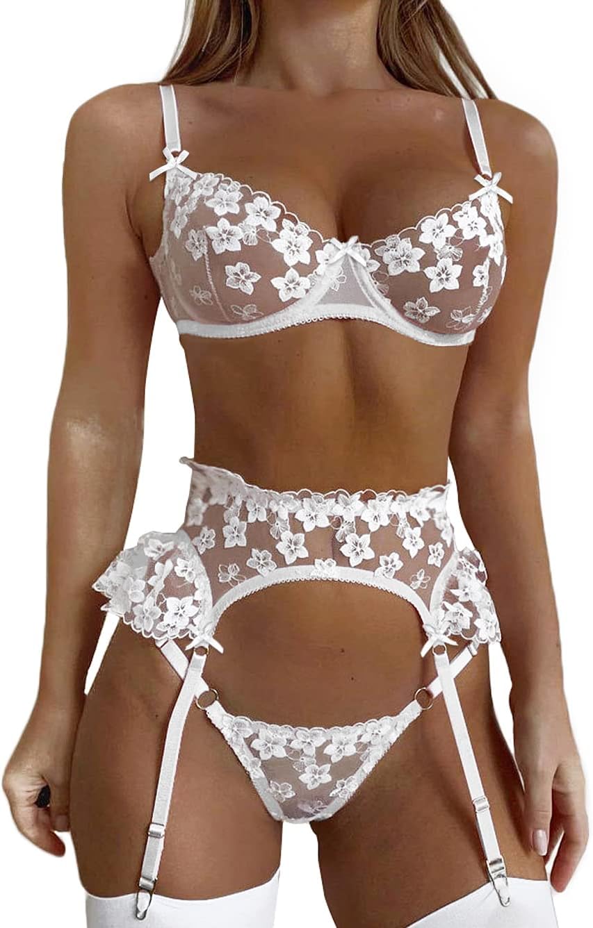 Kaei&Shi Bridal Lingerie,Floral Lace Ruffle Garter Lingerie Set,3 Piece Bachelorette Outfit For Bride Wedding Night Honeymoon White Medium
