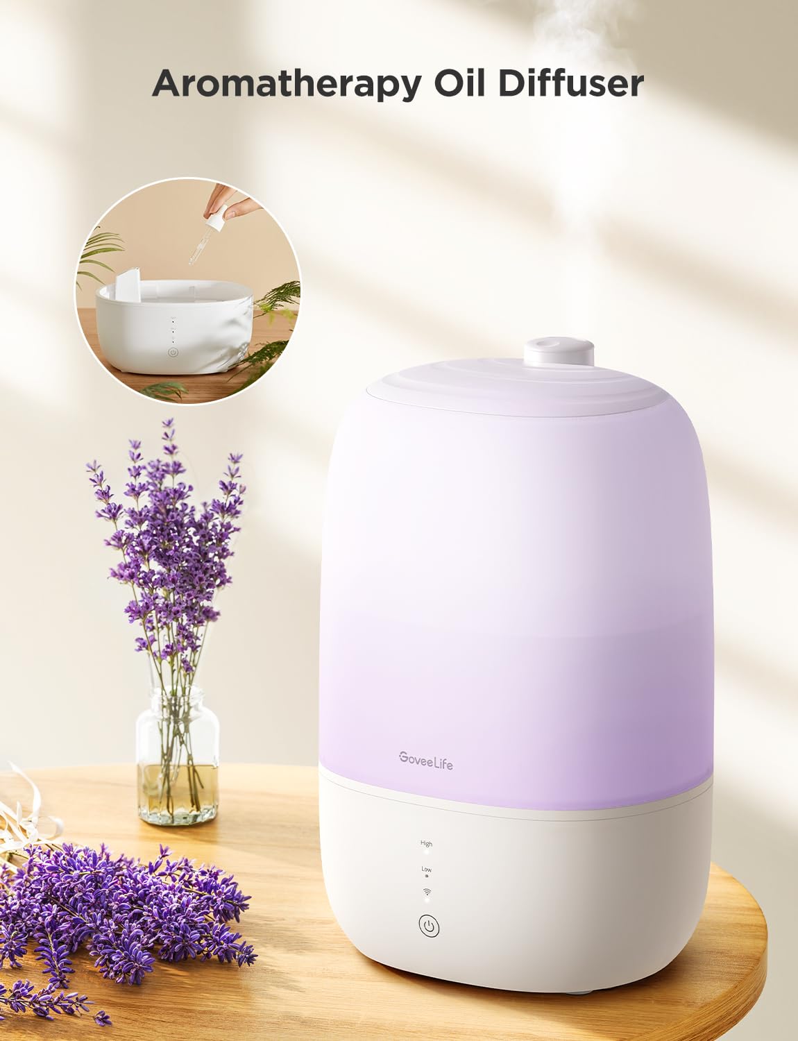 GoveeLife Smart Humidifiers for Bedroom, 3L Top Fill Cool Mist Humidifiers with Essential Oil Diffuser, Humidity Control, WiFi Air Humidifier with Night Light, for Baby, Plants, Home, Work with Alexa