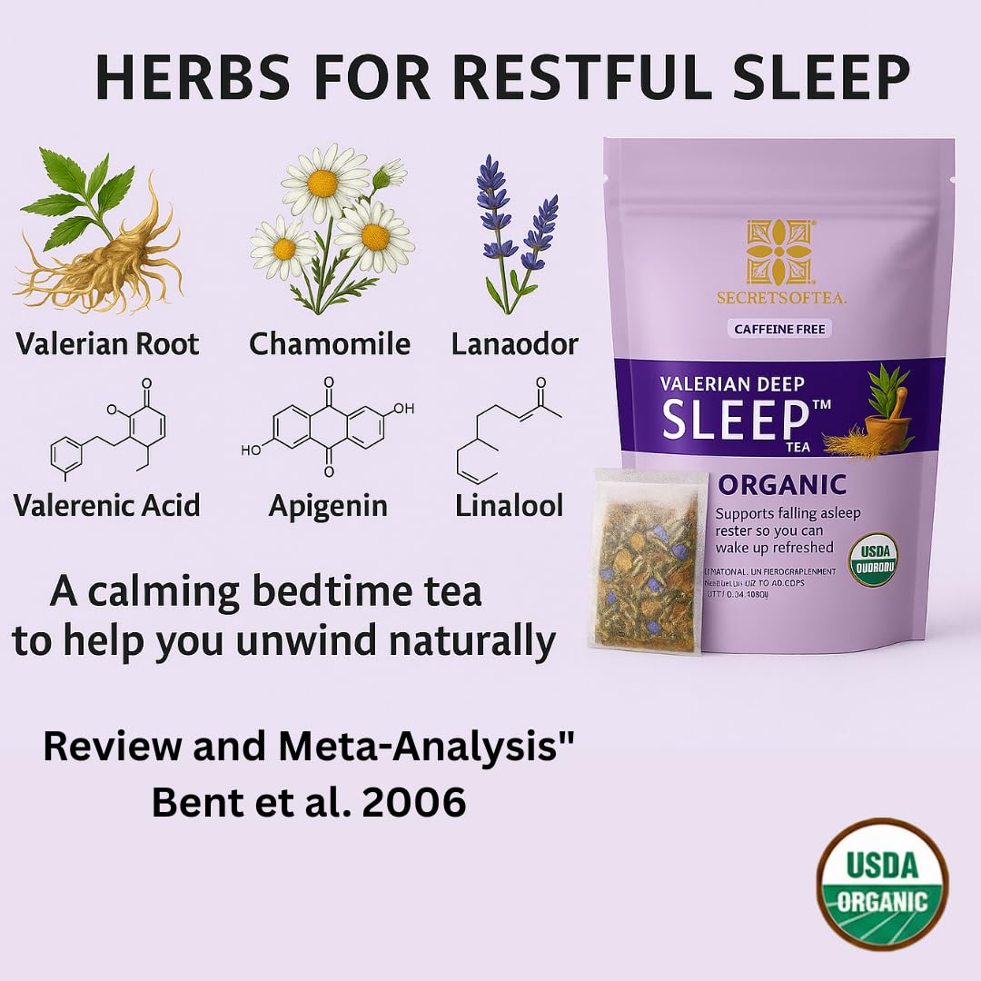 Secrets Of Tea Valerian Sleep Tea - Natural USDA Organic Caffeine-Free Tea- Herbal Tea for Sleep and Relaxation with Lavender, Chamomile and Lemon Balm - 20 Count(1 Pack)