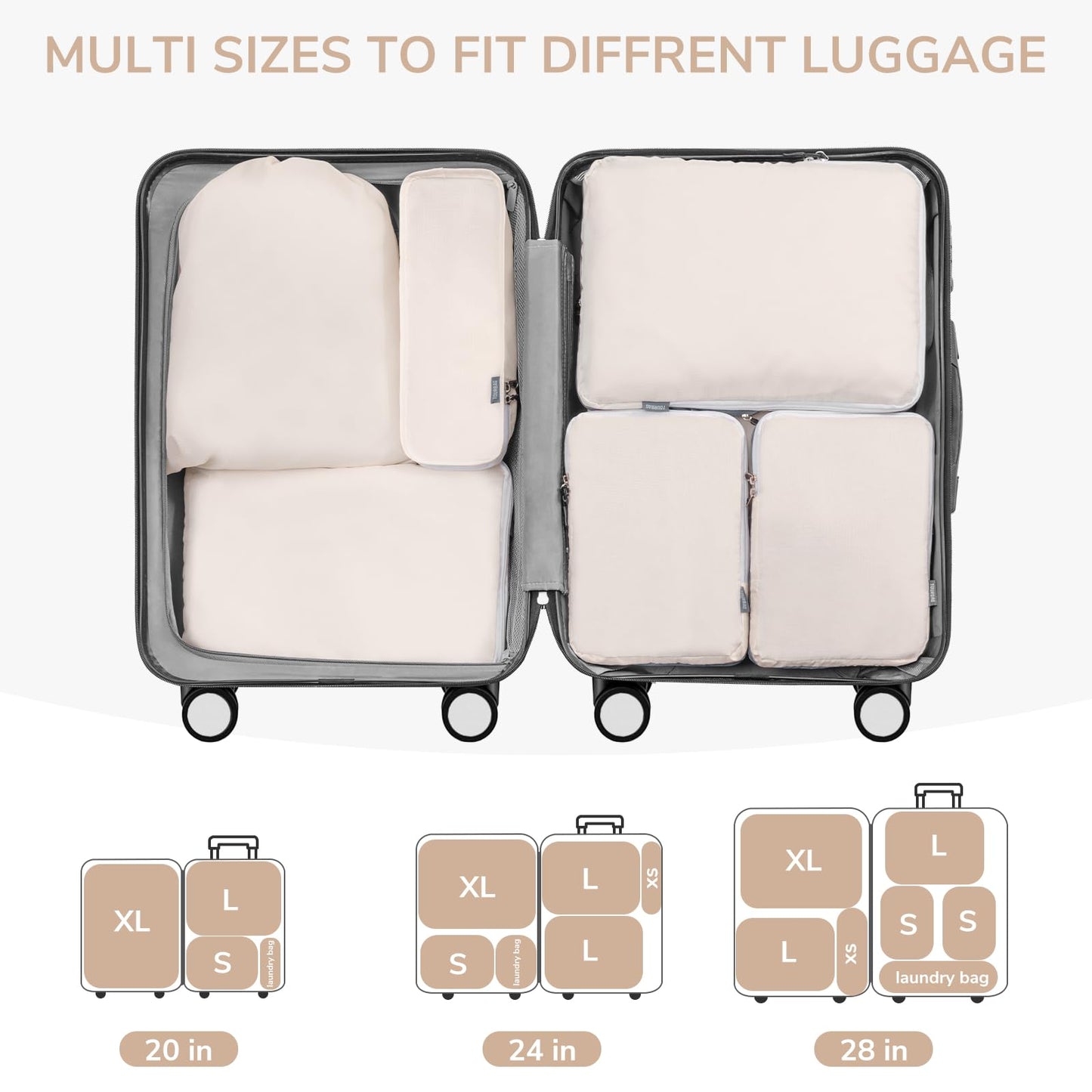 CherryNow Compression Packing Cubes, 7 Set Packing Cubes for Travel Women, Travel Essentials for Backpack, Beige