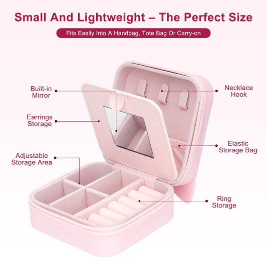 Tizuxa Cute Cat Travel Jewelry Case with Mirror, Silicone Portable Mini Small Jewelry Box Organizer for Women Girls Mom, Wedding, Birthday Gift - Pink