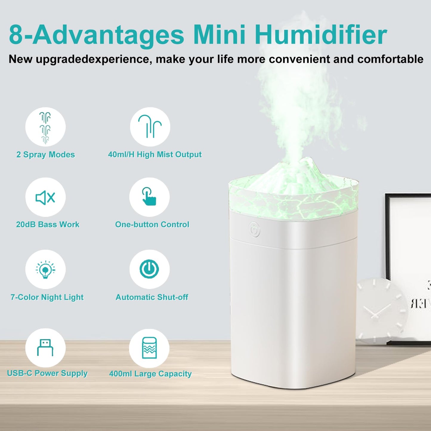 Portable Mini Humidifier, 400ml Small Humidifier with 2 Modes Large Spray, USB Personal Desktop Humidifiers for Home Bedroom Car Office Travel Yoga with 7 Color LED Light, Auto Shut-Off, Bass Work