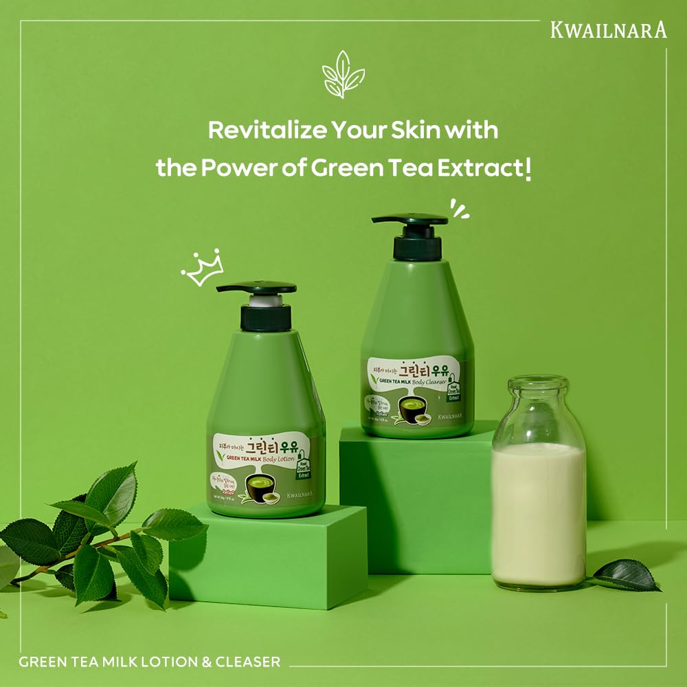 WELCOS Kwailnara Green Tea Milk Body Lotion & Body Wash Set – Soothing & Refreshing Korean Skincare Set with Green Tea Extract, 560g / 19.75oz Each