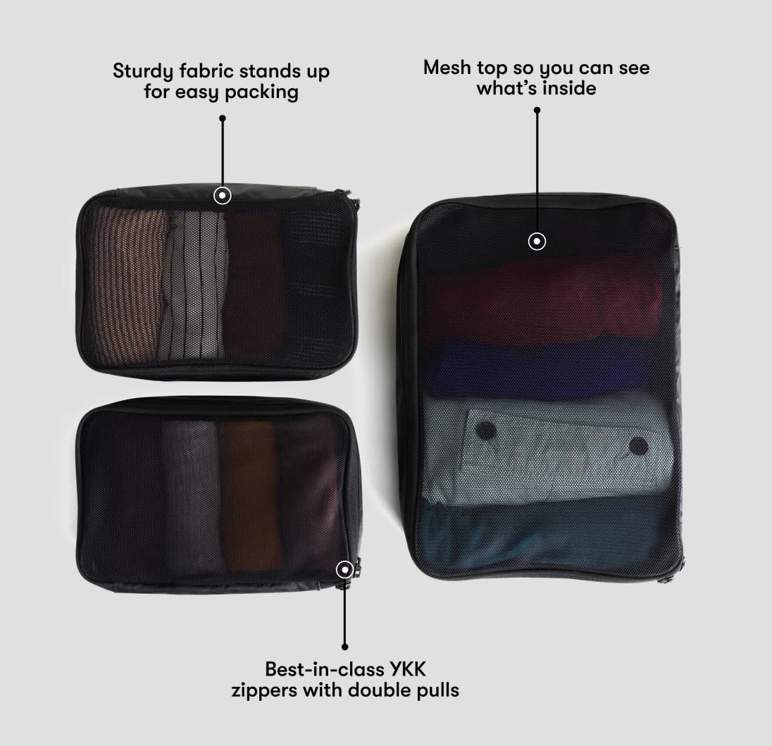 Tortuga Packing Cubes, Set of 3, Black - Lightweight Travel Cubes for Packing with Mesh Panels - Two Size Luggage Organizer Bags for Backpacks and Suitcases
