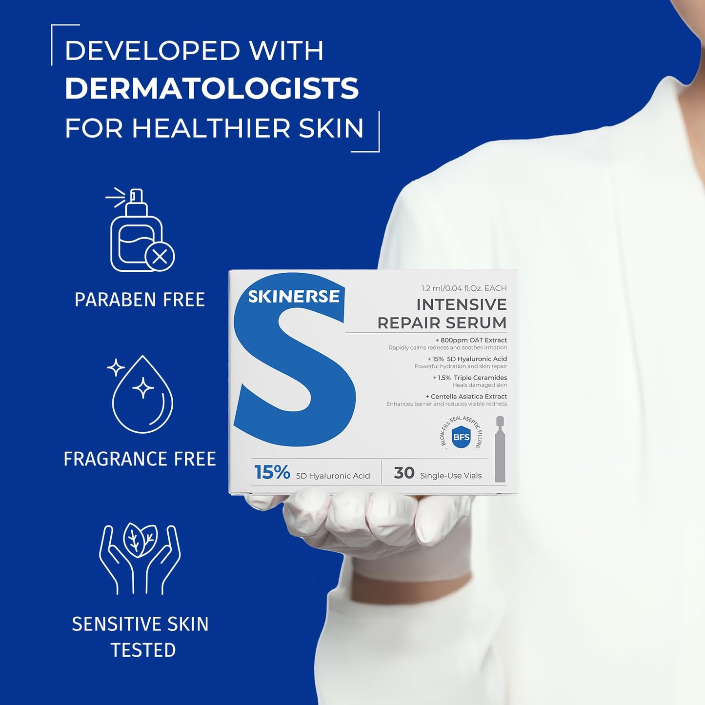 SKINERSE Intensive Repair Serum, 15%Hyaluronic Acid for Sensitive Skin Anti Aging Ultra Hydrating Serum for Face Calming Barrier Repair Redness Relief with Ceramides Centella 30Vials Daily Travel Care