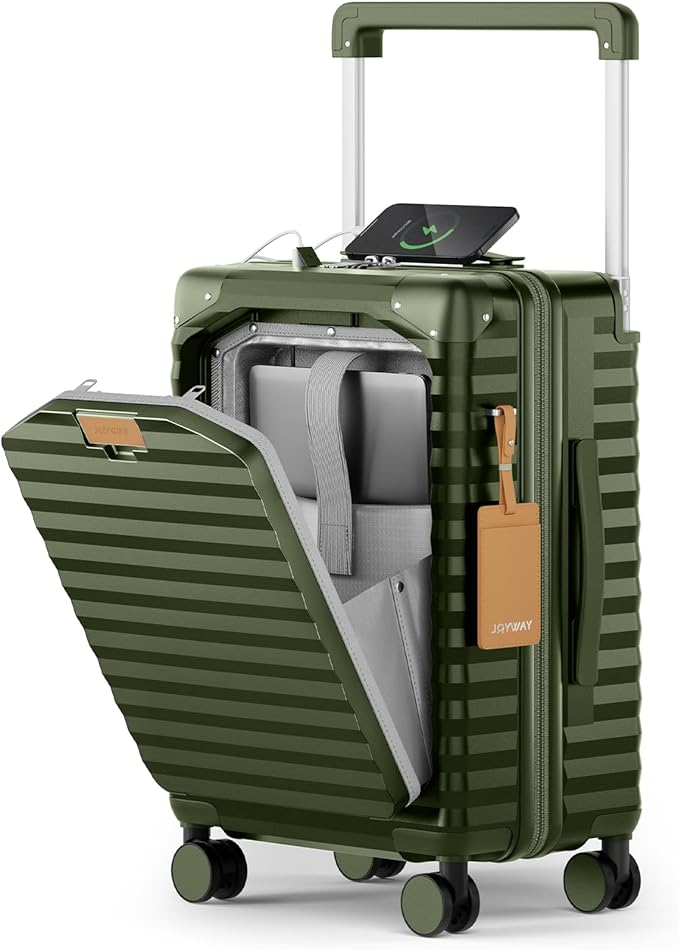 Joyway 20 Inch Carry on Luggage with Front Pocket, PC Hardshell Carry-on Suitcase with USB Port and Cup Holder, 21.5x14.2x9 Airline Approved, Luggage with Spinner Wheels and TSA Lock(Dark Green)