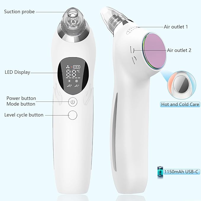 Blackhead Remover Vacuum Face Suction Pore Cleaner with Hot&Cold Compress Positive&Negative Ion Massage Nose Whitehead Remover Pimple Sucker with 5 Probes Pore Extractor Tool… (White)