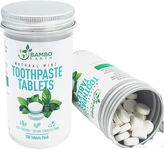 200 Pack Natural Toothpaste Tablet Bits - Chewable Mouthwash Whitening Bite Tablets for Teeth SLS & Fluoride Free Eco & Travel Friendly - Zero Waste Packaging - Mint & Activated Charcoal (Peppermint)