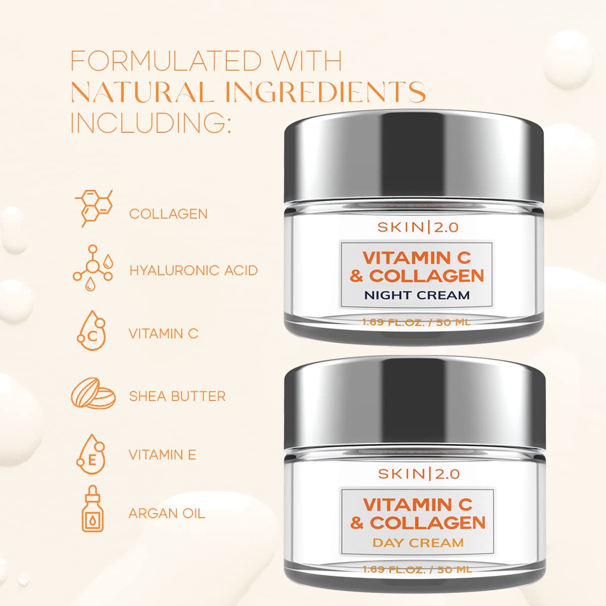 Skin 2.0 Vitamin C & Collagen Day & Night Face Moisturizer Cream - Dermatologist Tested, Brightening, Anti-Aging, Clean Beauty, Cruelty-Free Korean Skincare for All Skin Types - 1.69 oz (2-Pack)
