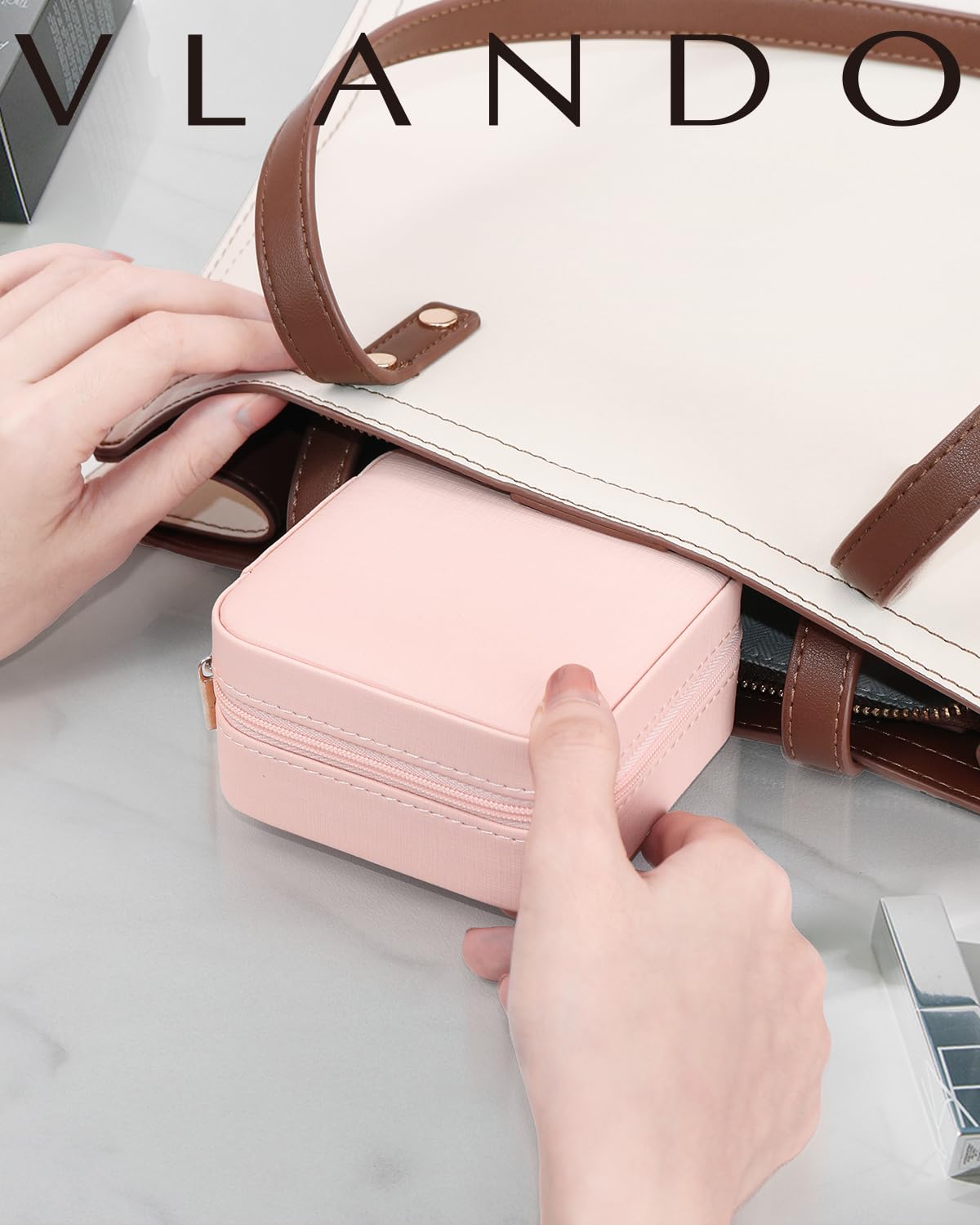 Vlando Mothers Day Gifts - Small Travel Jewelry Box Organizer -Jewelry Display Case for Girls Women Bridesmaid Gift Rings Earrings Necklaces Storage with Mirror Pink