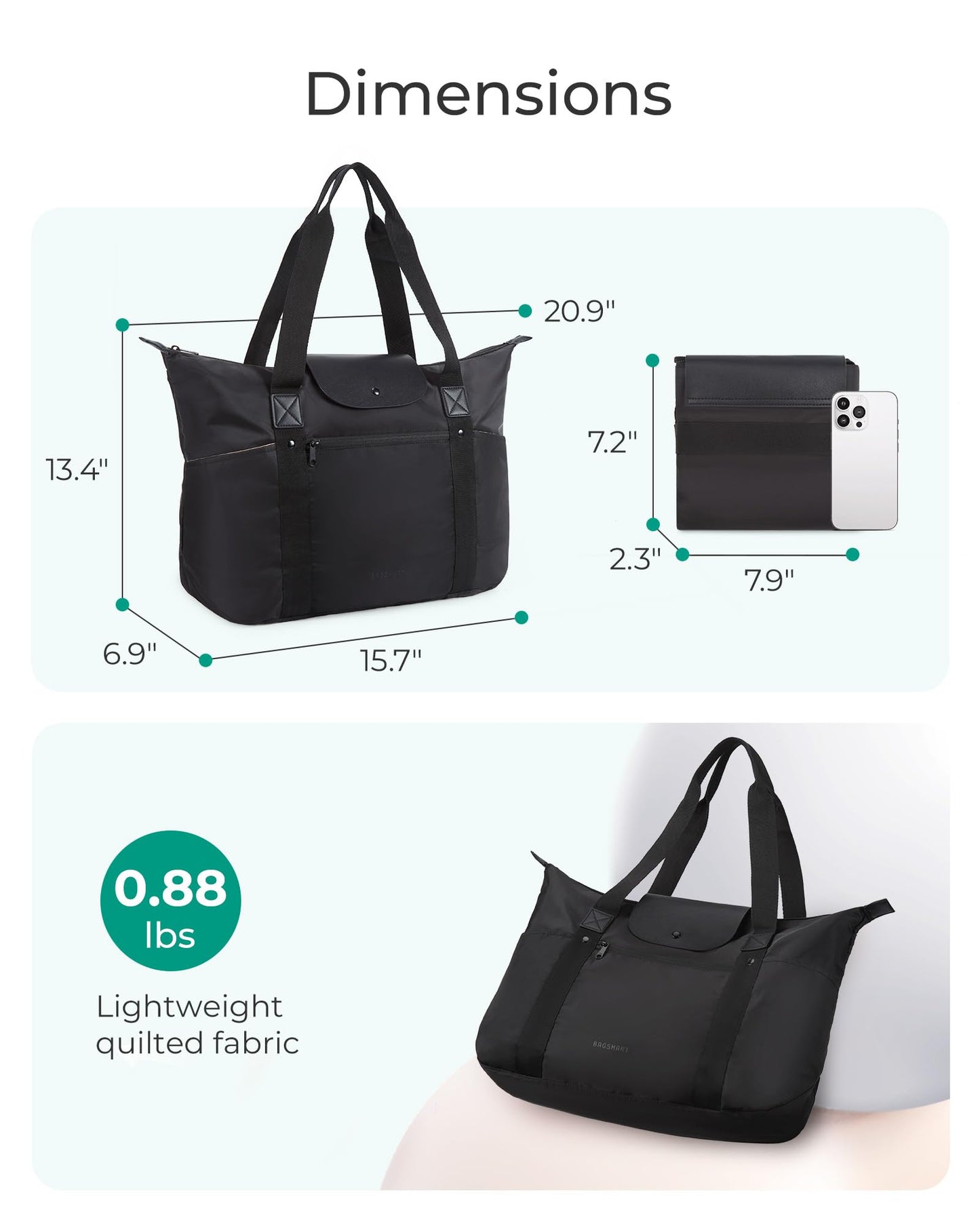 BAGSMART Foldable Tote with Compartments & Zipper, Ladies' Work & Travel Tote, Black