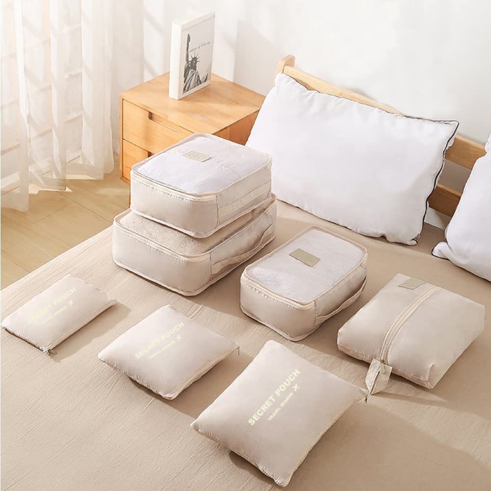Fxkoolr 7 Set Packing Cubes, Packing Organizers Travel Foldable Luggage Organizers Storage Bag Accessories for Suitcase with Laundry Bag & Shoe Bag, Beige