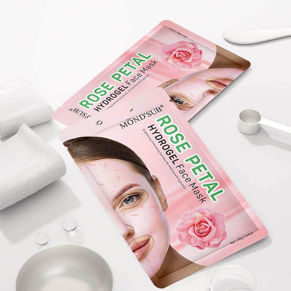 Hydrogel Collagen Sheet Mask with Rose Petal, Instant Brightening Hydrating Face Mask Sheet Mask for Firming, Elasticity Improvement 12-Pack