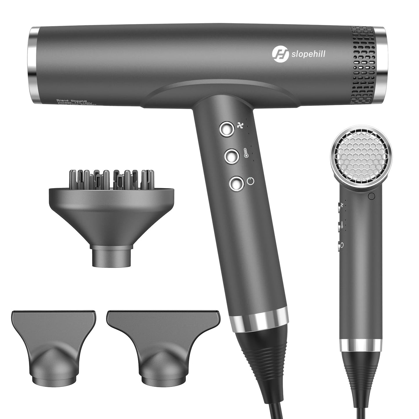 slopehill Professional Ionic Hair Dryer with Diffuser - Lightweight, Compact, Powerful & Fast Salon Blow Dryer with High Speed Brushless Motor for Travel, Women & Men (Ceramic, Black)