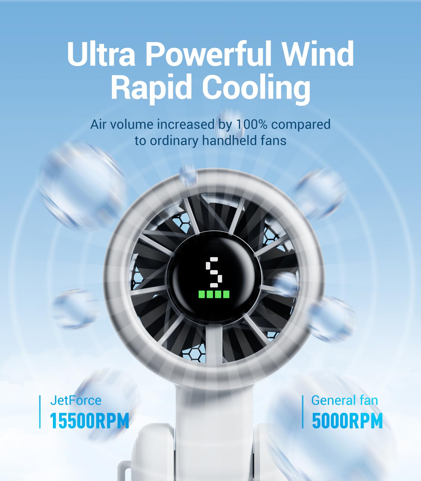 Diveblues Portable Handheld Turbo Fan, 5 Gear Wind, Battery Operated, Up to 12 Working Hours, 3 IN 1 Hand Fan with Air Turbo Tech Cooling Fan for Outdoor Activities, Travel, Working, Silvery white