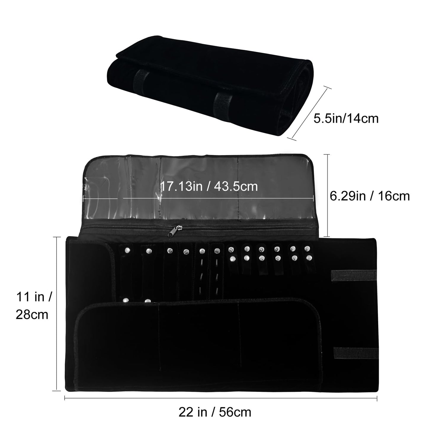 SCIKHEFT Velvet Travel Jewelry Case Roll Bag Organizer for Necklace Bracelet Earrings Ring (Black)