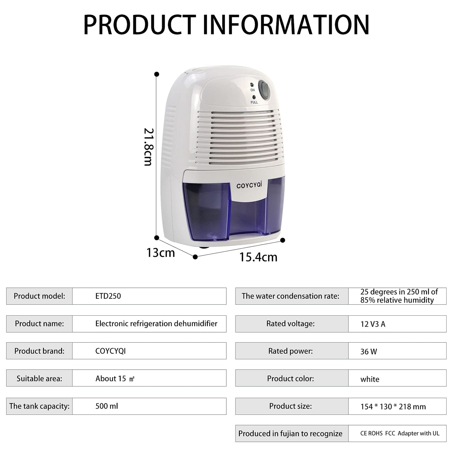 COYCYQI Small Dehumidifier,12V3A adapter,1200 Cubic Feet (215 sq ft) Portable Mini Dehumidifier Quiet Use for High Humidity in Home, Bathroom, Bedroom, Office, Basements, Wardrobe Closet,RV