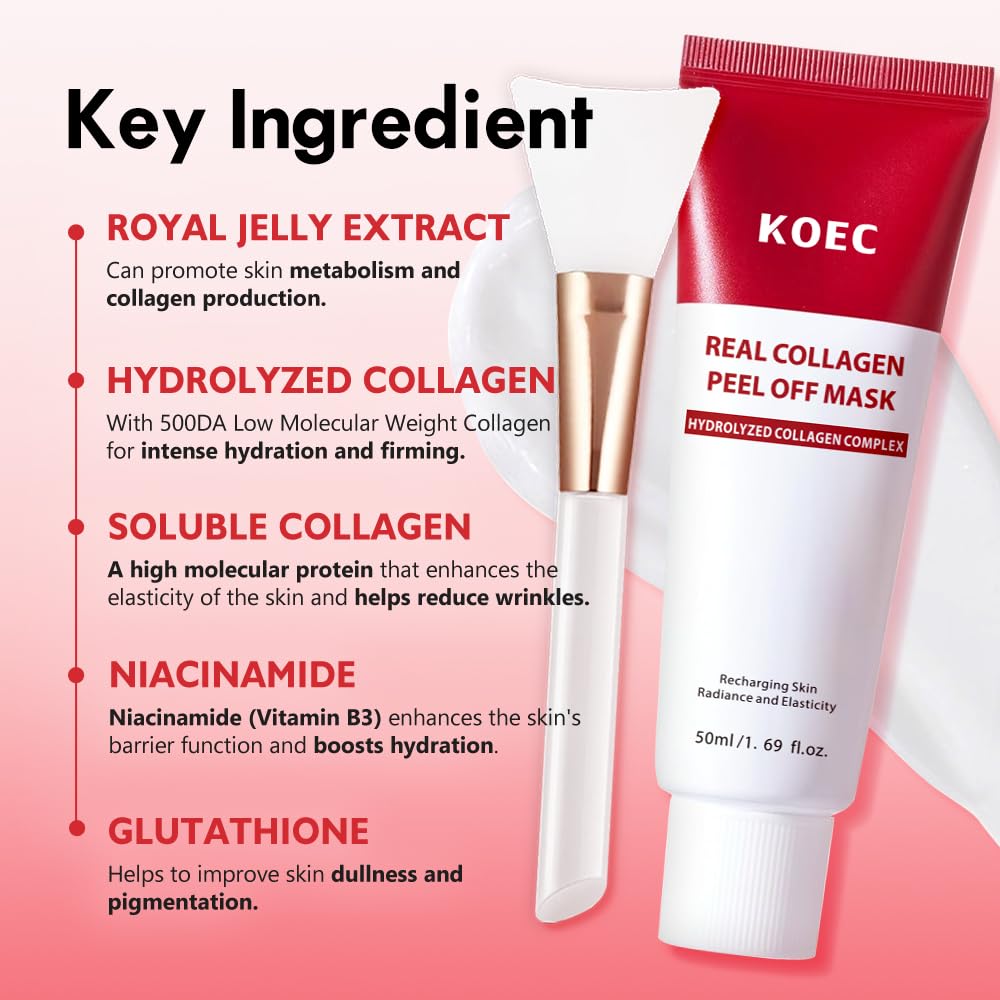 KOEC Real Collagen Peel Off Face Mask Collagen Overnight Wrapping Facial Mask,Deep Hydrating,Restores Elasticity,and Refine Pores,Hydrolyzed Collagen with 500 DA for Glass Glow Skin,1.69 fl.oz
