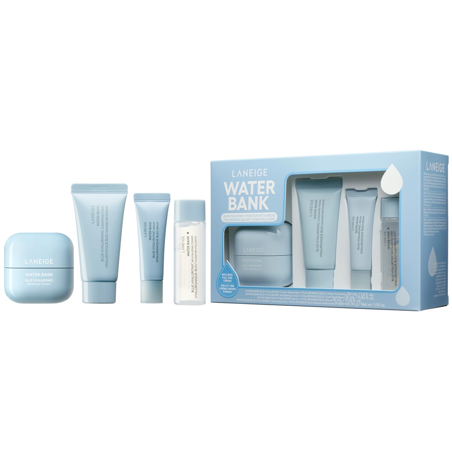 LANEIGE Water Bank Hydration Set: Hyaluronic Acid, Barrier-Boosting Hydration, Full Sized, Travel Sized