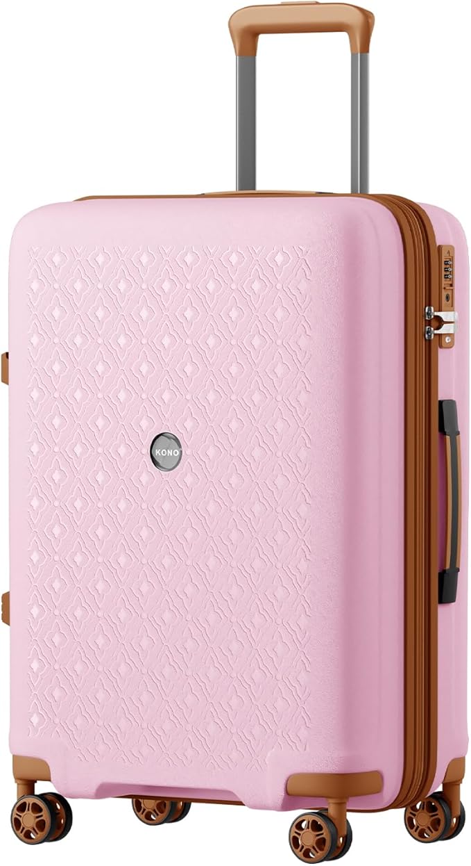 Kono Expandable 24 Inch Hard Shell Travel Luggage, Large capacity for easy travel, Hidden Cup Holder & TSA Lock Lightweight Suitcase - Pink/Brown