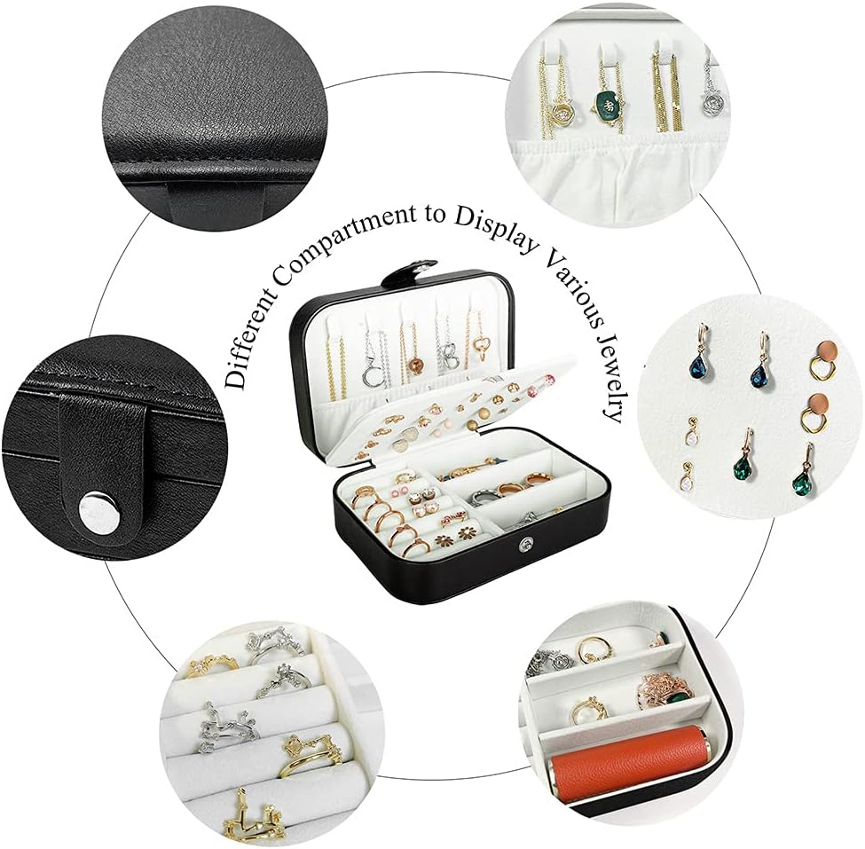 Travel Jewelry Box, PU Leather Small Jewelry Organizer for Women Girls, Portable Mini Travel Case Display Storage Holder Boxes for Stud Earrings, Rings, Necklaces, Bracelets.