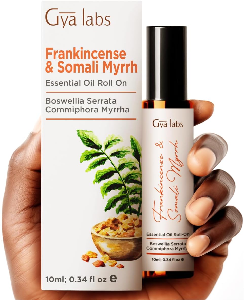 Gya Labs Frankincense and Somali Myrrh Essential Oil Roll on - 100% Pure Natural Frankincense for Face, Myrrh for Skin, Body Ache Comfort, Aromatherapy, Travel Size (0.34 Fl Oz)